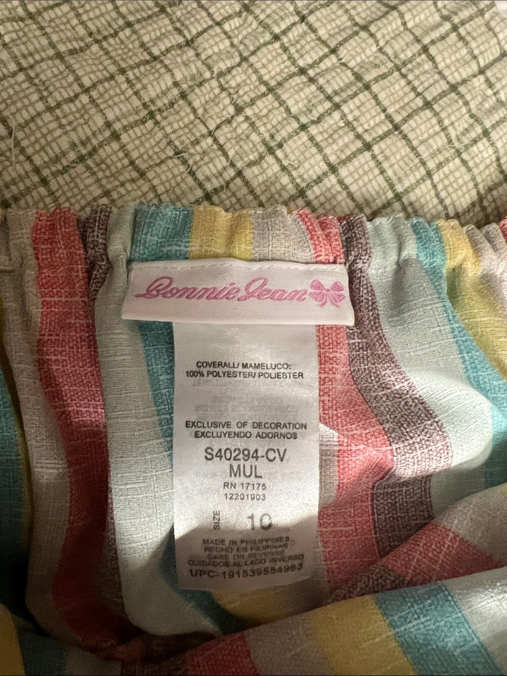 Bonnie Jean Multicolor Stripe Jumpsuit with White Pom Trim - Picture 3 of 4